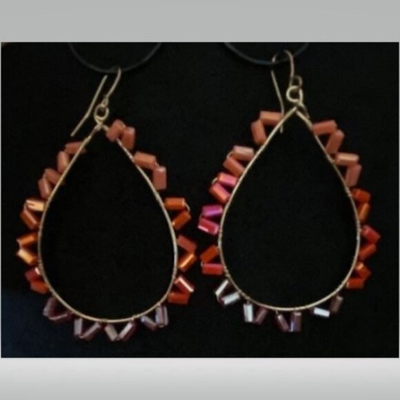 Orange-n-Brown Bead Drop Hoop Earrings - Picture 1 of 1
